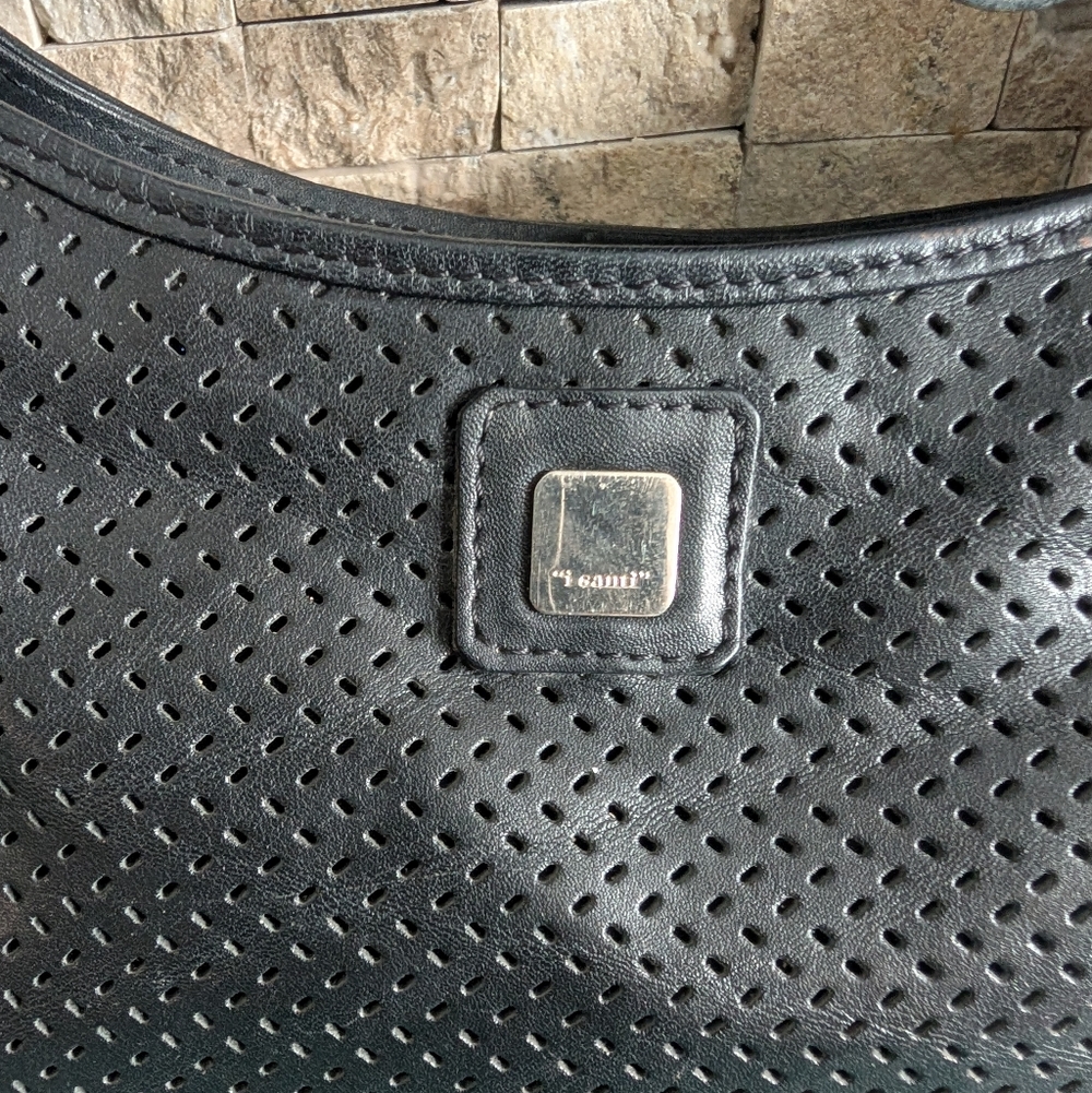 Vintage Made In Italy Perforated Genuine Leather Black Hobo Shoulder Bag Minimal image 2